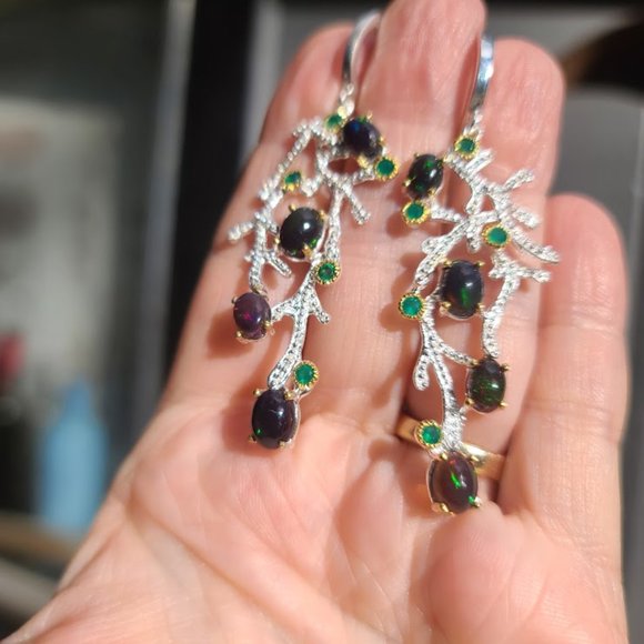 Black Opal & Crome diopside sterling & gold coral chandelier earrings - Picture 6 of 11